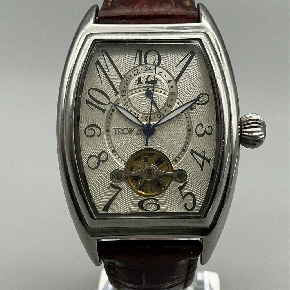 Troika Mens Watch 35mm Silver Tone Brown Leather Automatic For Parts Not Running